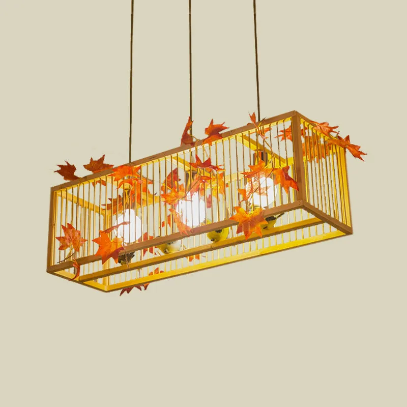 Vintage Beige Bamboo Pendant Light with Red Maple Leaf and Green Leaves Deco - Tea Room Lighting Kit