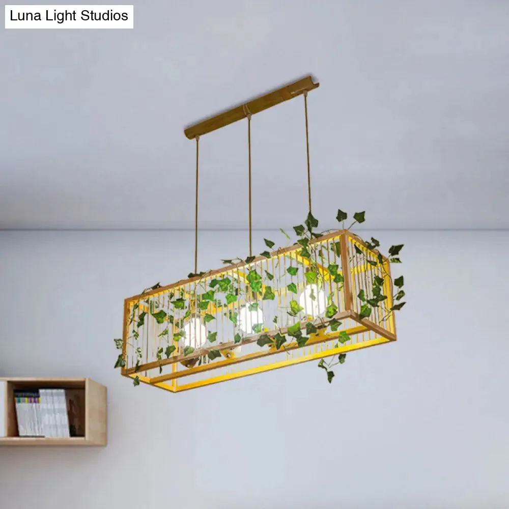 Vintage Beige Bamboo Pendant Light with Red Maple Leaf and Green Leaves Deco - Tea Room Lighting Kit