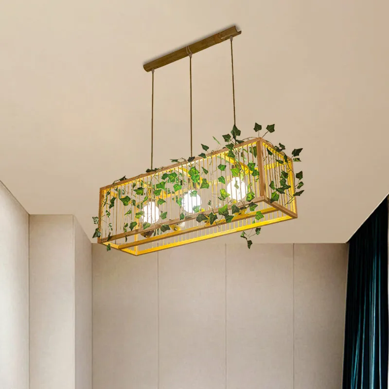 Vintage Beige Bamboo Pendant Light with Red Maple Leaf and Green Leaves Deco - Tea Room Lighting Kit
