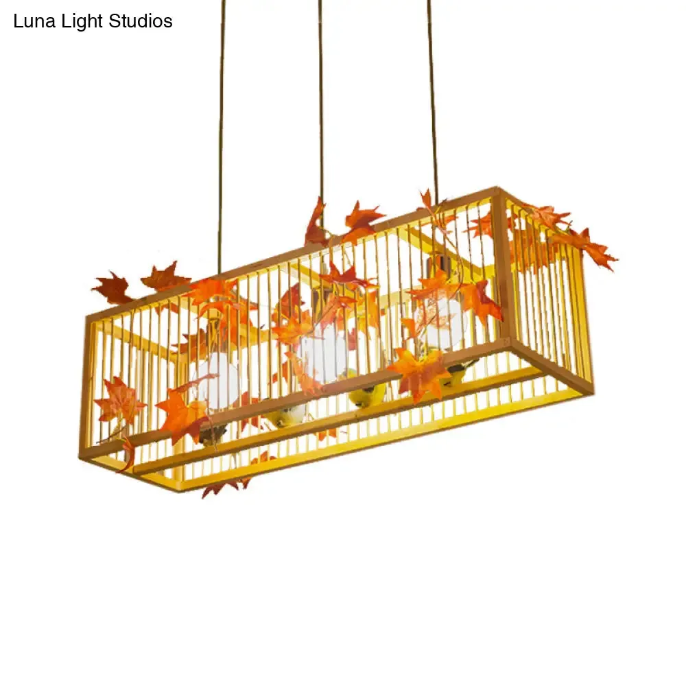Vintage Beige Bamboo Pendant Light with Red Maple Leaf and Green Leaves Deco - Tea Room Lighting Kit