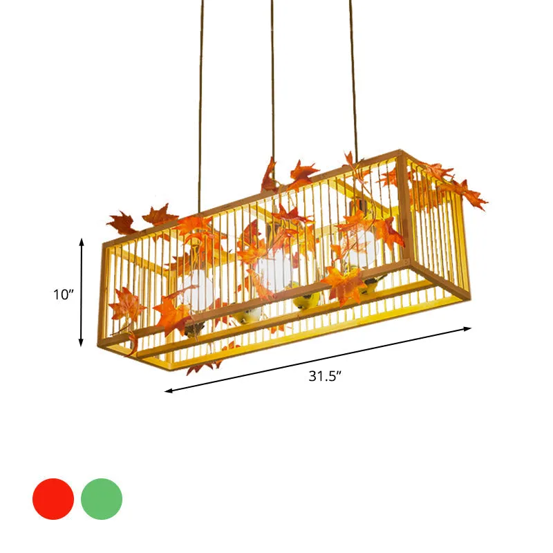 Vintage Beige Bamboo Pendant Light with Red Maple Leaf and Green Leaves Deco - Tea Room Lighting Kit
