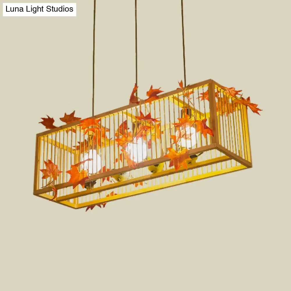 Vintage Beige Bamboo Pendant Light with Red Maple Leaf and Green Leaves Deco - Tea Room Lighting Kit