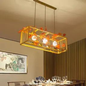Vintage Beige Bamboo Pendant Light with Red Maple Leaf and Green Leaves Deco - Tea Room Lighting Kit
