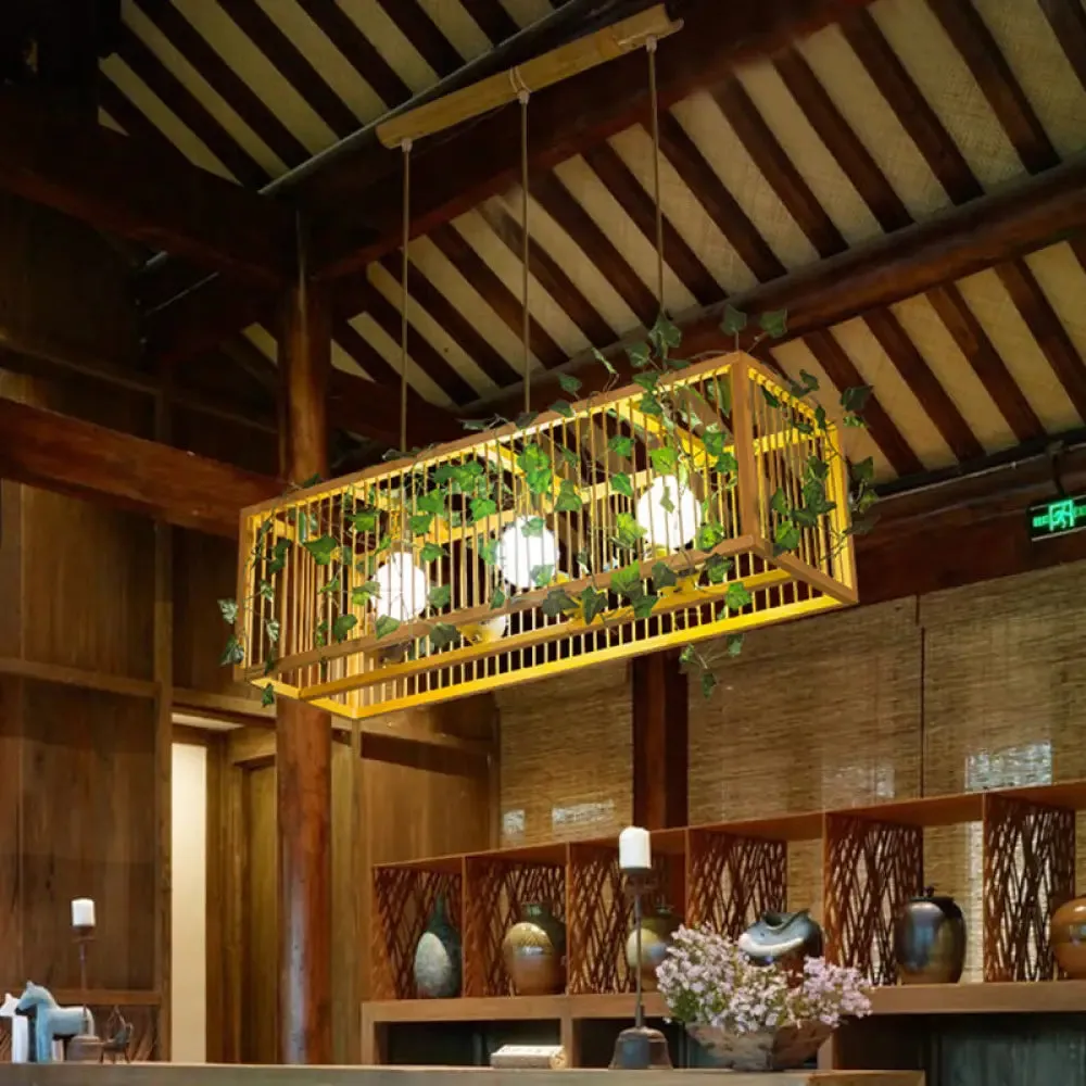 Vintage Beige Bamboo Pendant Light with Red Maple Leaf and Green Leaves Deco - Tea Room Lighting Kit