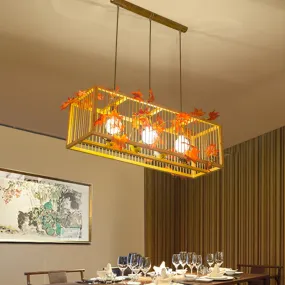 Vintage Beige Bamboo Pendant Light with Red Maple Leaf and Green Leaves Deco - Tea Room Lighting Kit