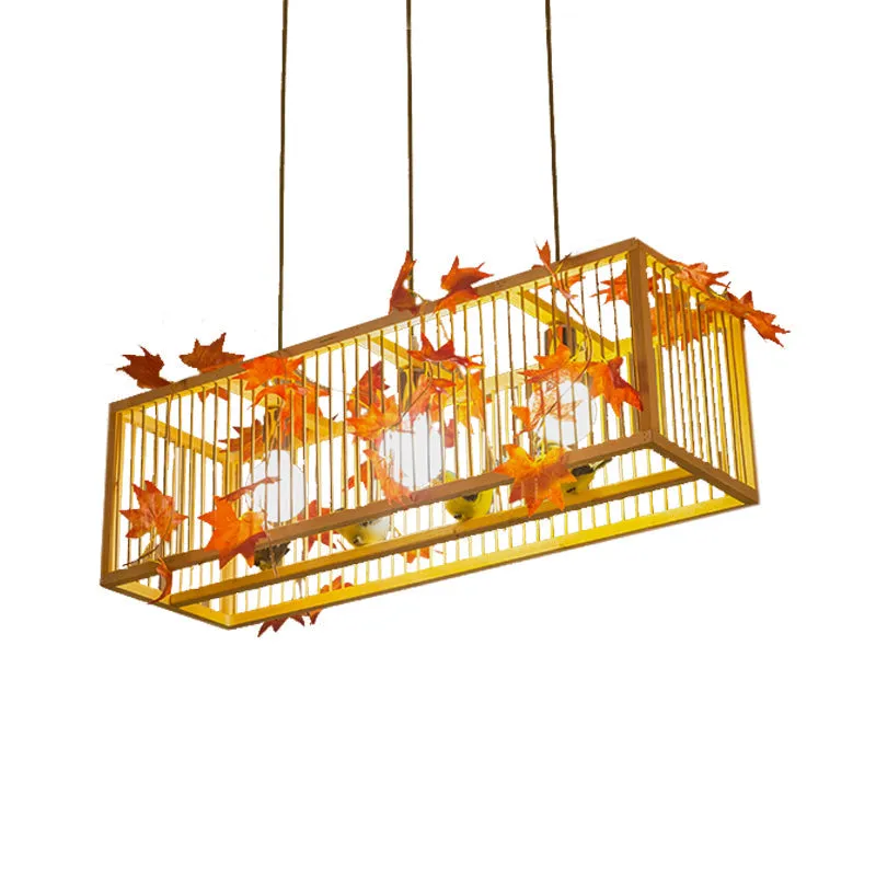 Vintage Beige Bamboo Pendant Light with Red Maple Leaf and Green Leaves Deco - Tea Room Lighting Kit
