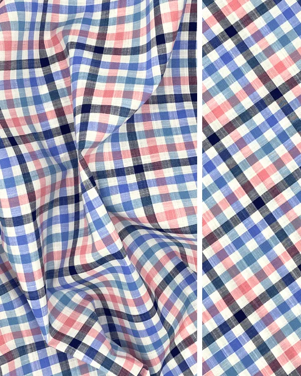 White Blue Pink Multi Color Cotton Slub Plaid Fabric 58W