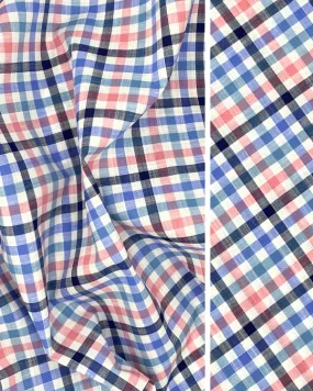White Blue Pink Multi Color Cotton Slub Plaid Fabric 58W