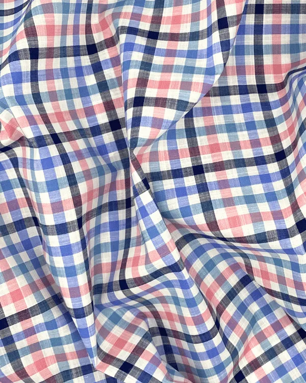White Blue Pink Multi Color Cotton Slub Plaid Fabric 58W
