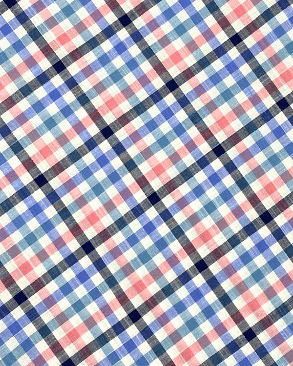 White Blue Pink Multi Color Cotton Slub Plaid Fabric 58W