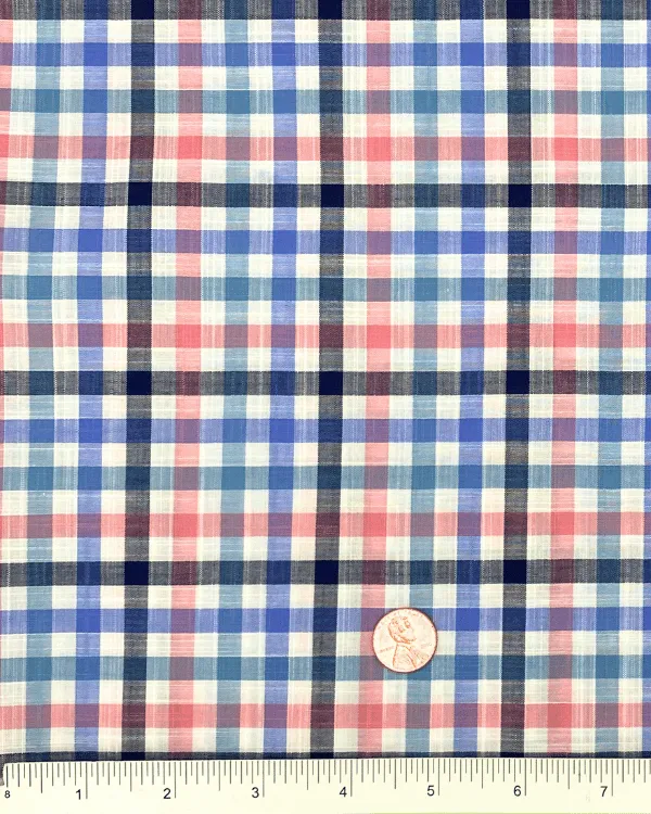 White Blue Pink Multi Color Cotton Slub Plaid Fabric 58W