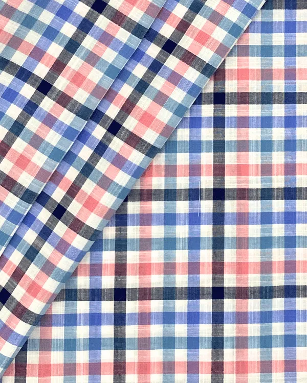 White Blue Pink Multi Color Cotton Slub Plaid Fabric 58W